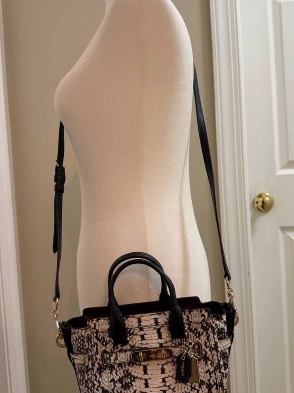 Coach Mini Swagger Women's Black & White Python Snake-Print Satchel - Picture 11 of 12